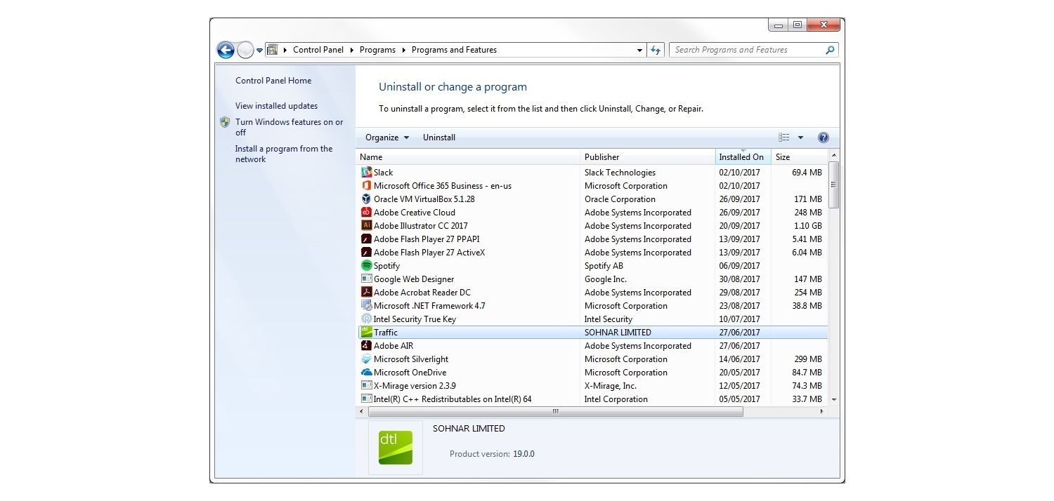 Ventana emergente de Desinstalar un programa de Windows 7